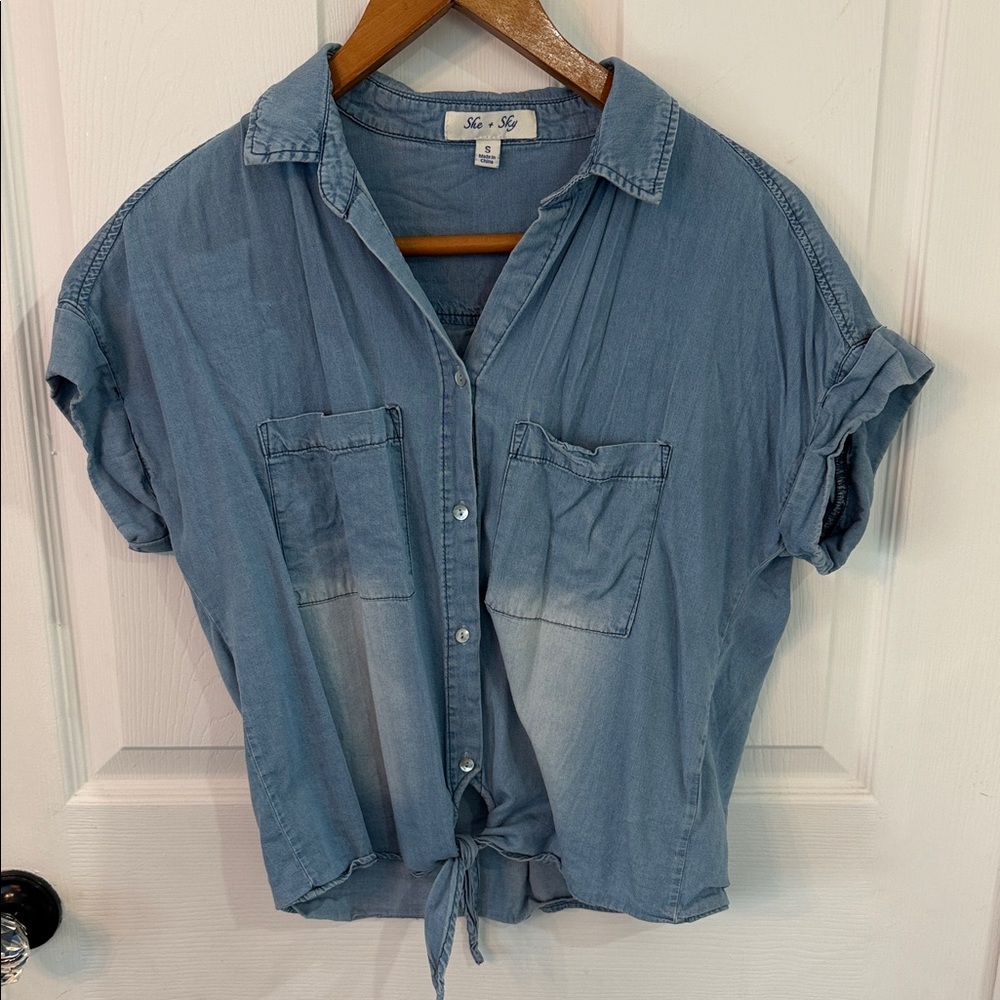 She + Sky Washed Light Blue denim Tie-Front Button Shirt